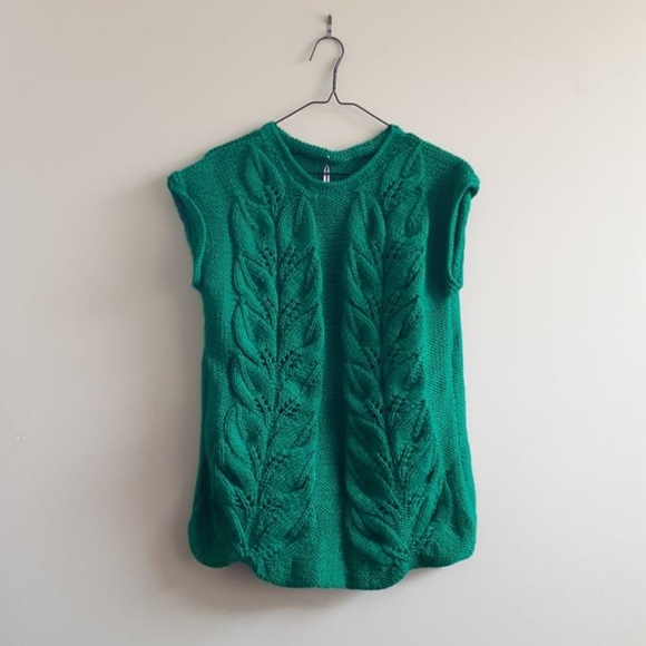 Ethical New Hand Knit Leaf Short Sleeve Wool Sweater Green La Casita De Wendy - Picture 1 of 3